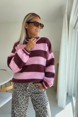 Pull en Maille Rayée Bordeaux & Rose