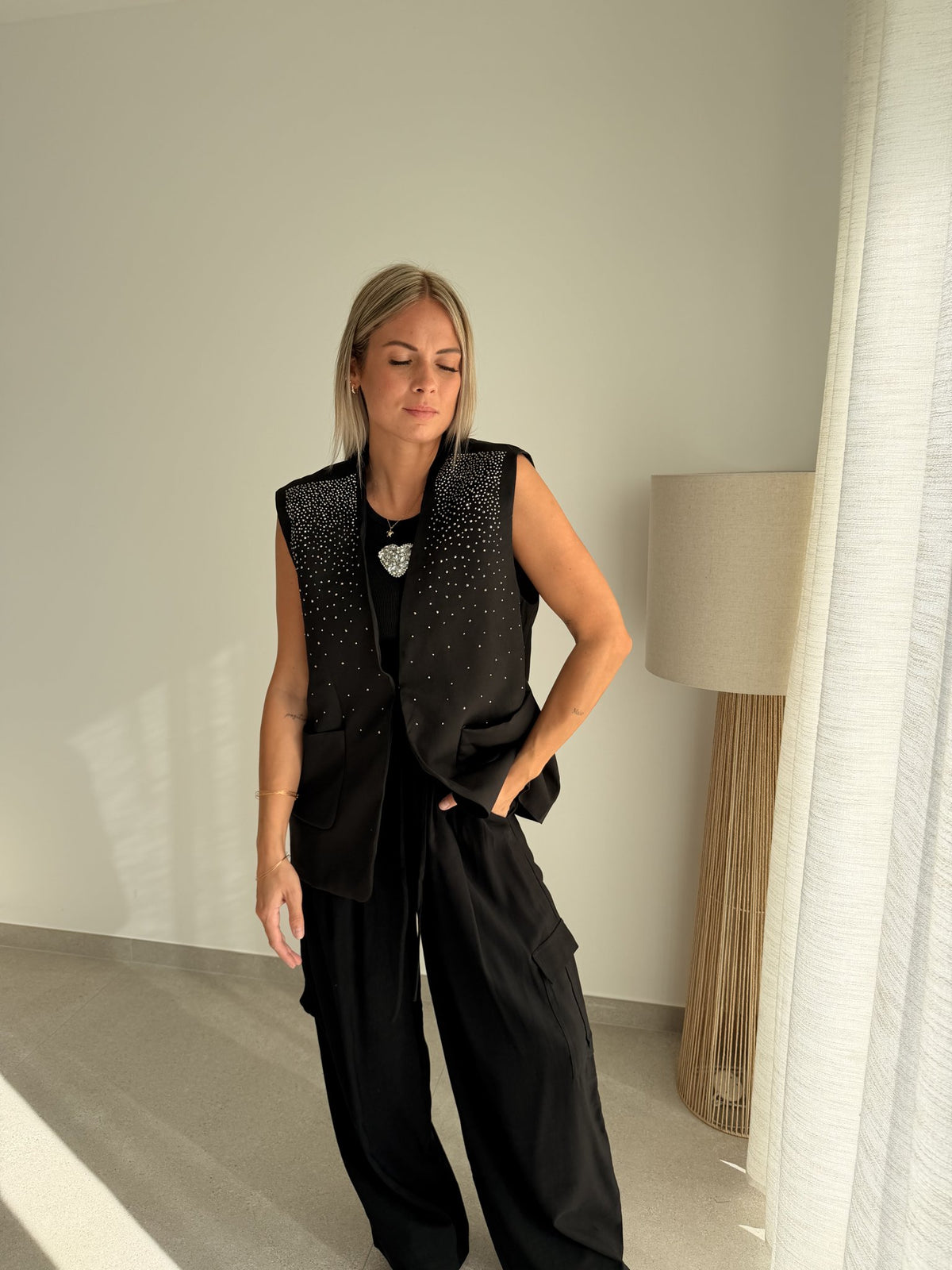 Blazer sans manches noir à paillettes