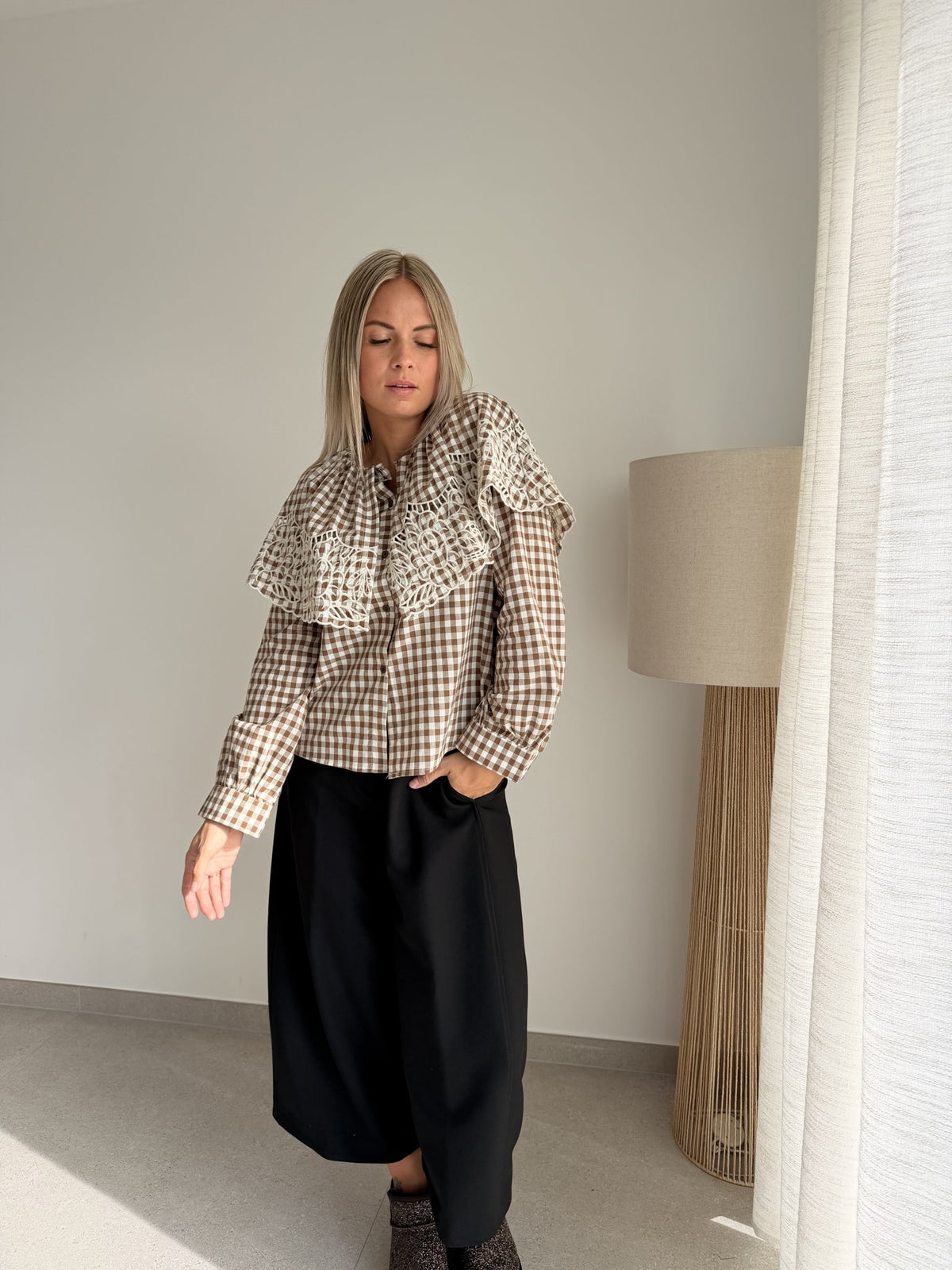 Chemise à carreaux beige et camel