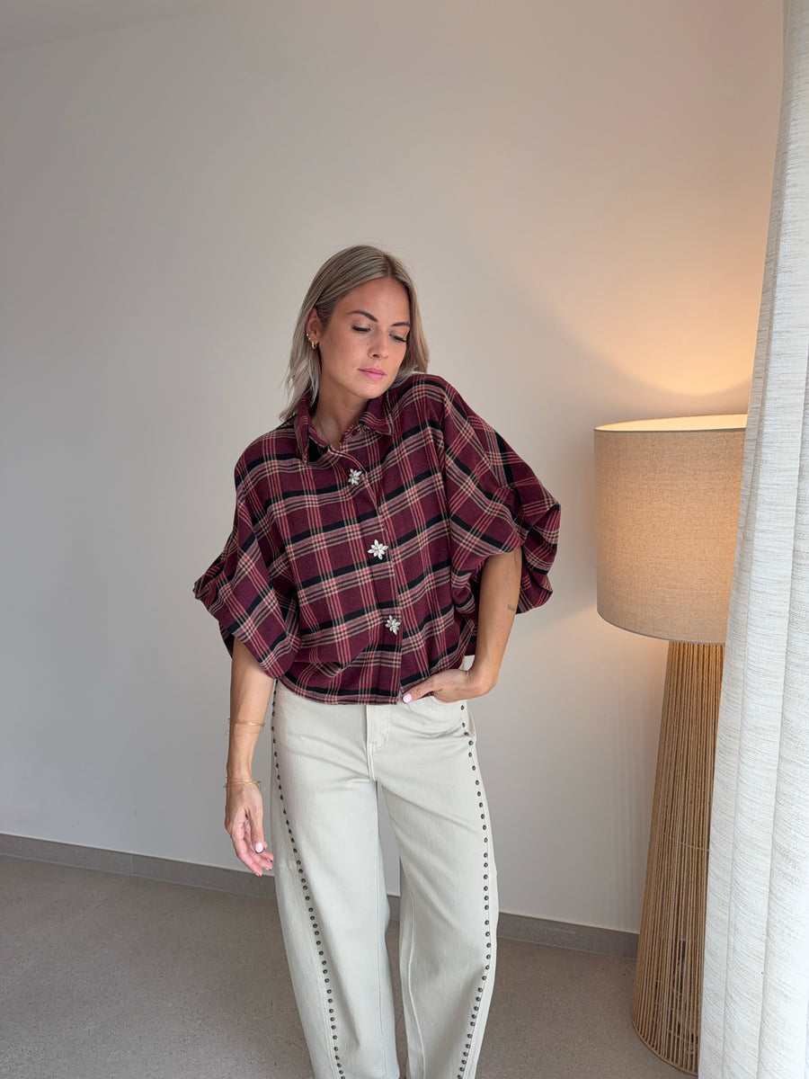 Chemise à carreaux bordeaux manches 3/4, boutons bijoux