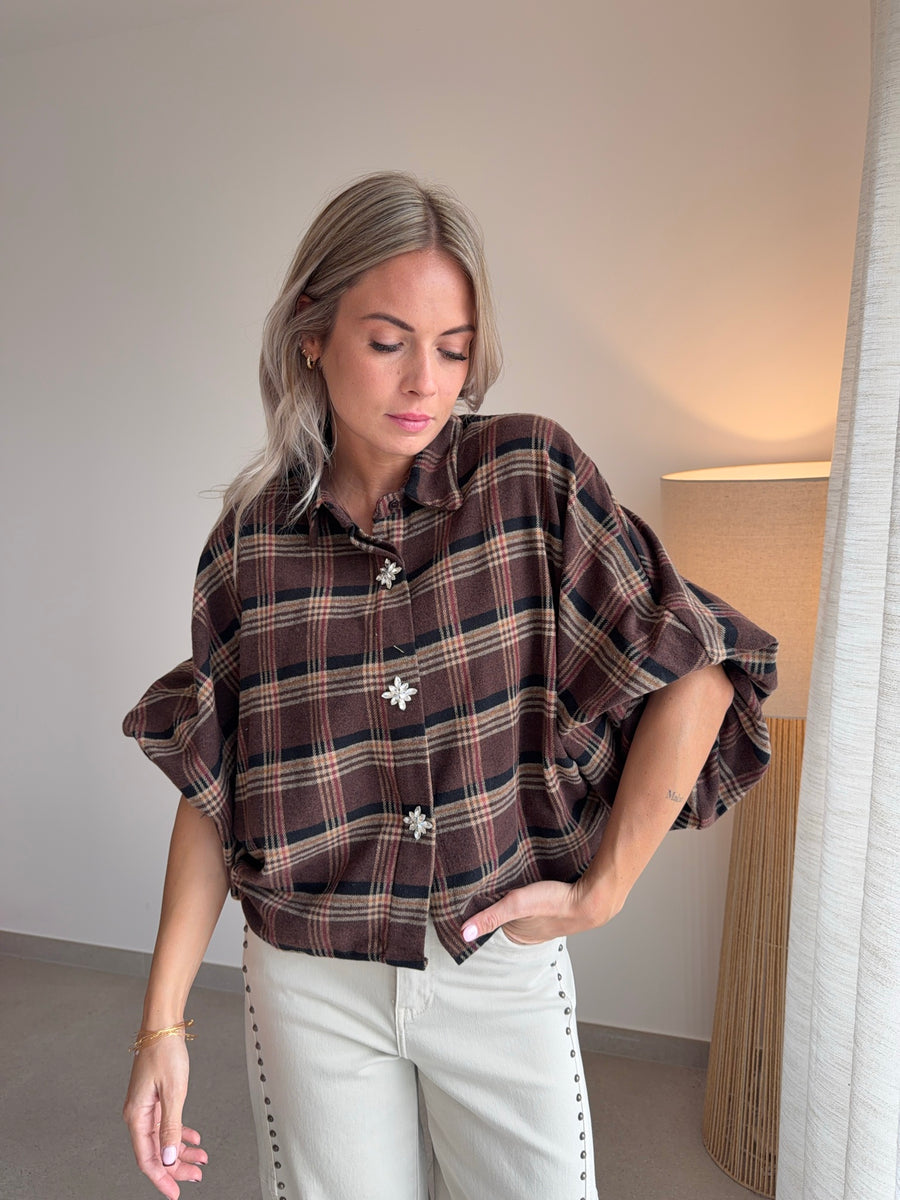 Chemise à carreaux marron manches 3/4, boutons bijoux