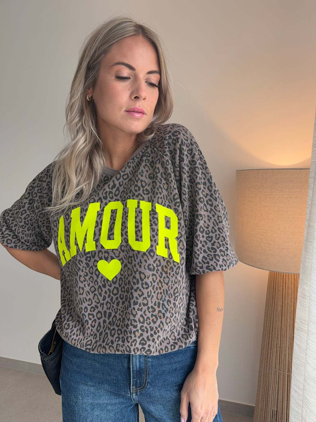 Pull léopard Amour manches 3/4