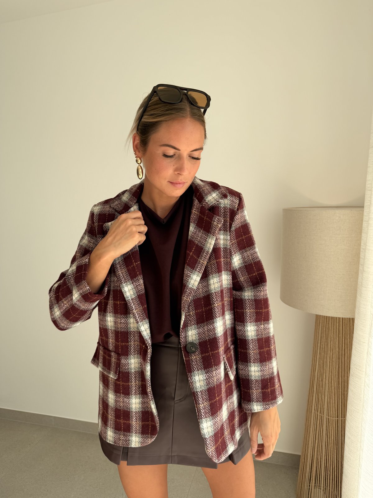 Blazer à carreaux bordeaux