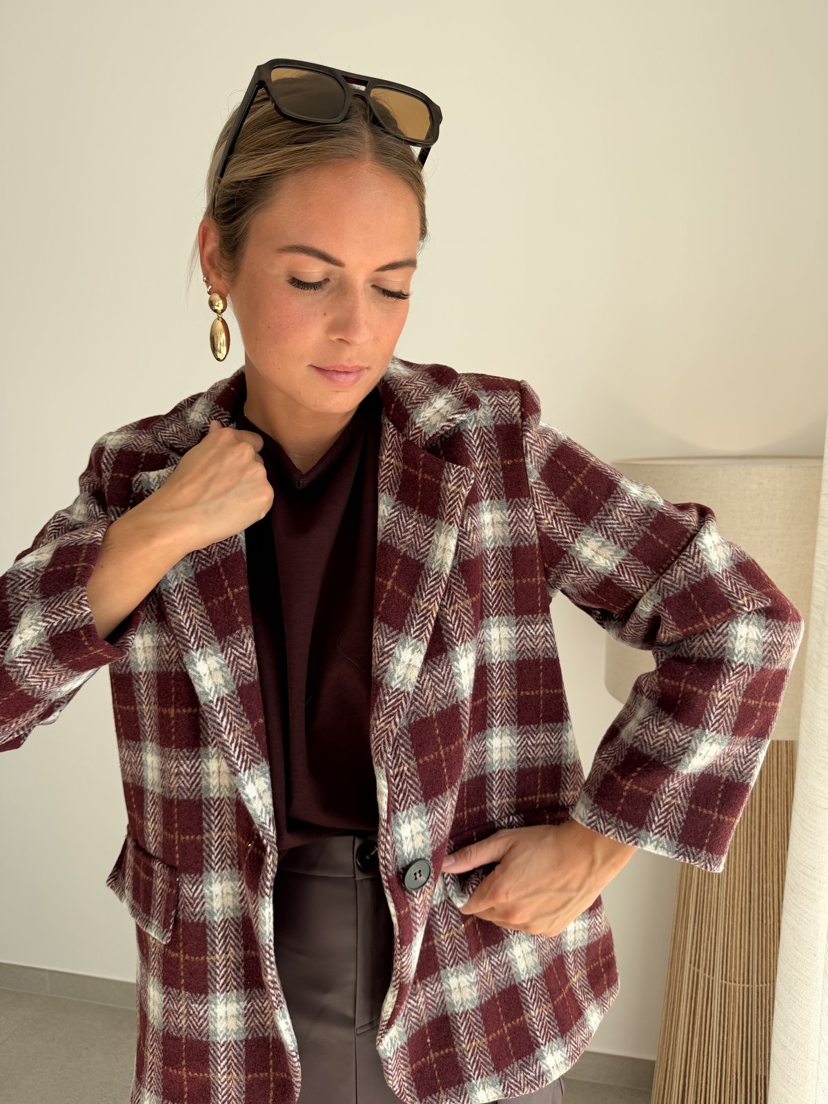 Blazer à carreaux bordeaux