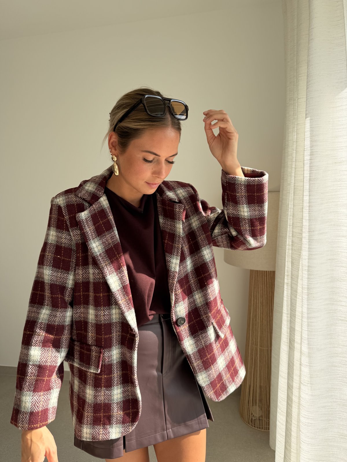 Blazer à carreaux bordeaux
