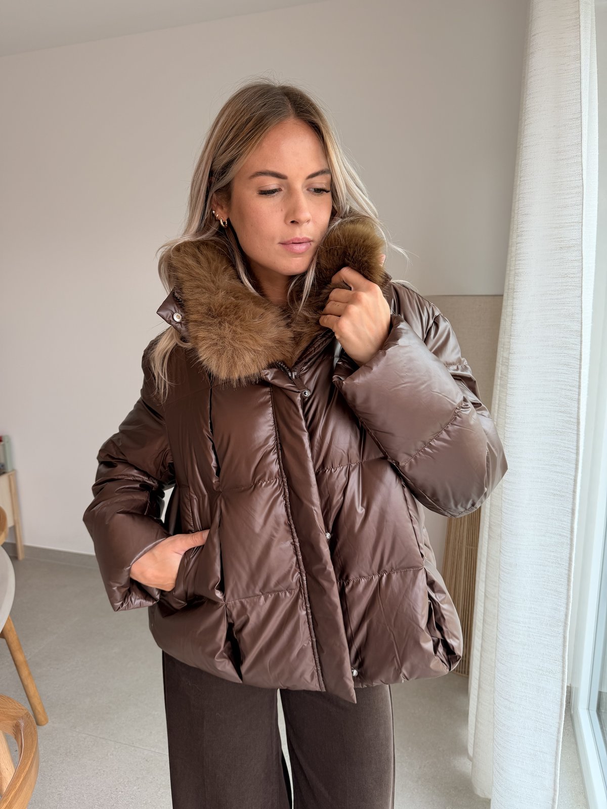 Doudoune col fourrure marron