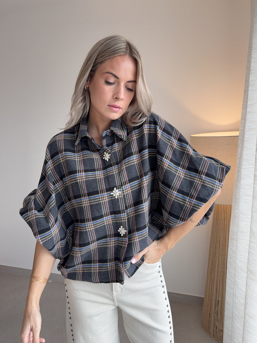 Chemise à carreaux bleue manches 3/4, boutons bijoux